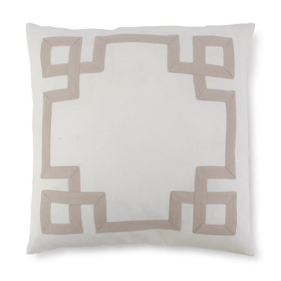 Square White Linen Pillow w/ Tan Geometric Pattern