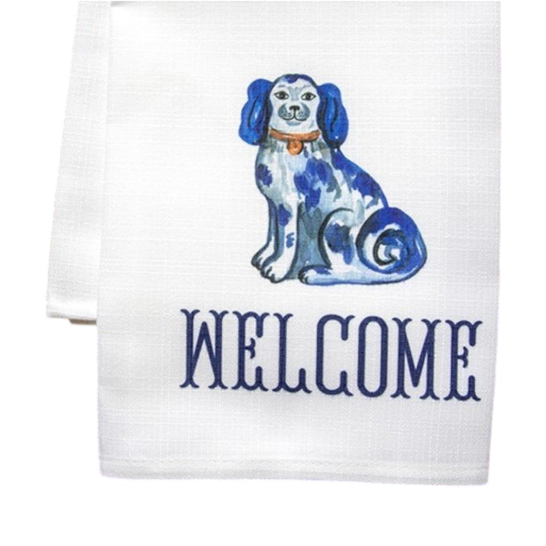Blue and White Dog Welcome Tea Towel