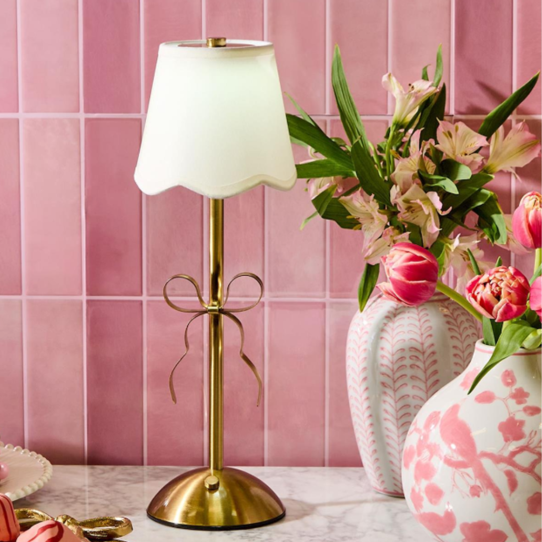Golden Bow LED Portable Cordless Table Lamp with Fabric Lamp Shade