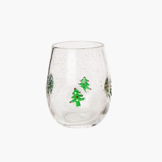 Clear Stemless Wine Glass with Bubbles and Tree Icon