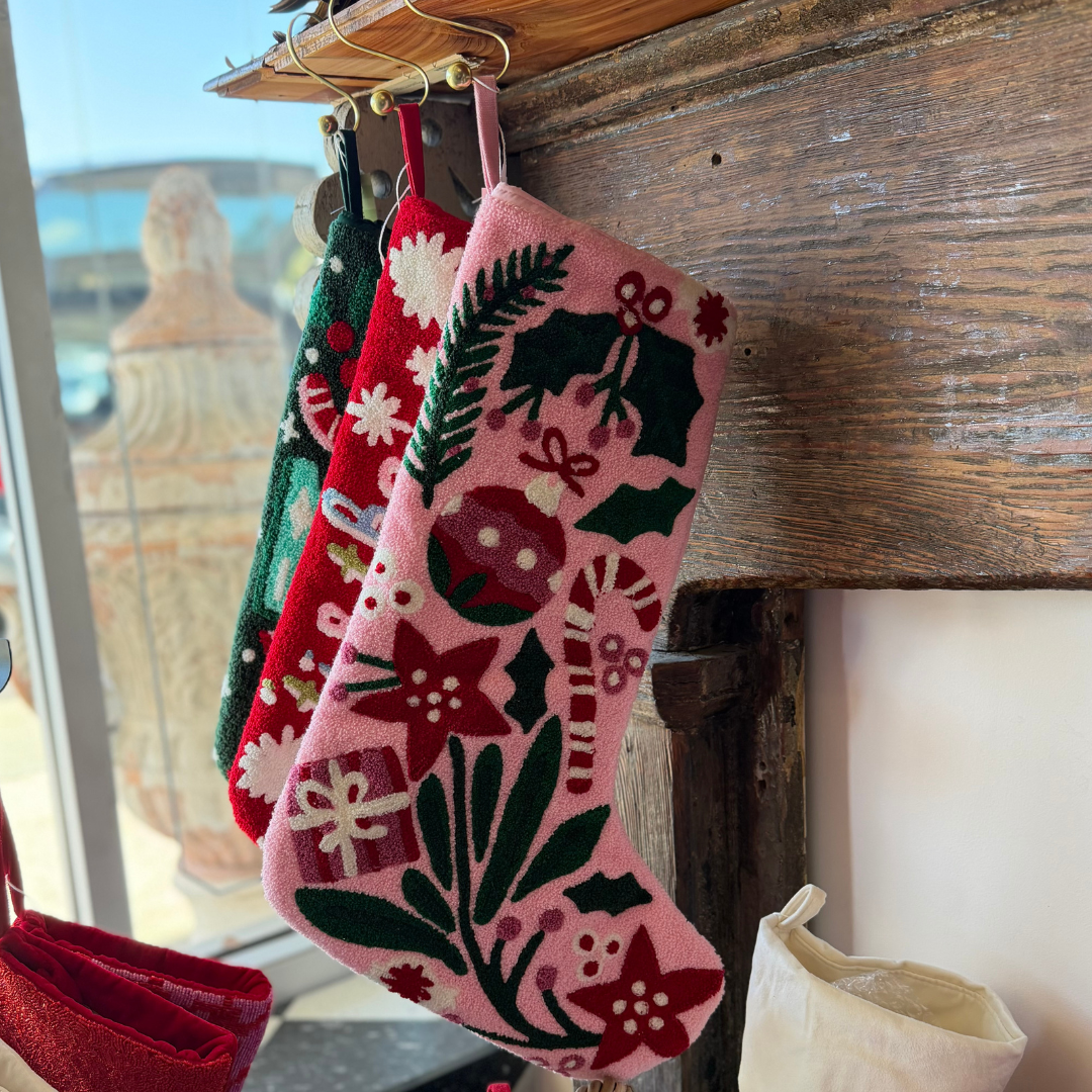 Festive in Pink Embroidered Stocking