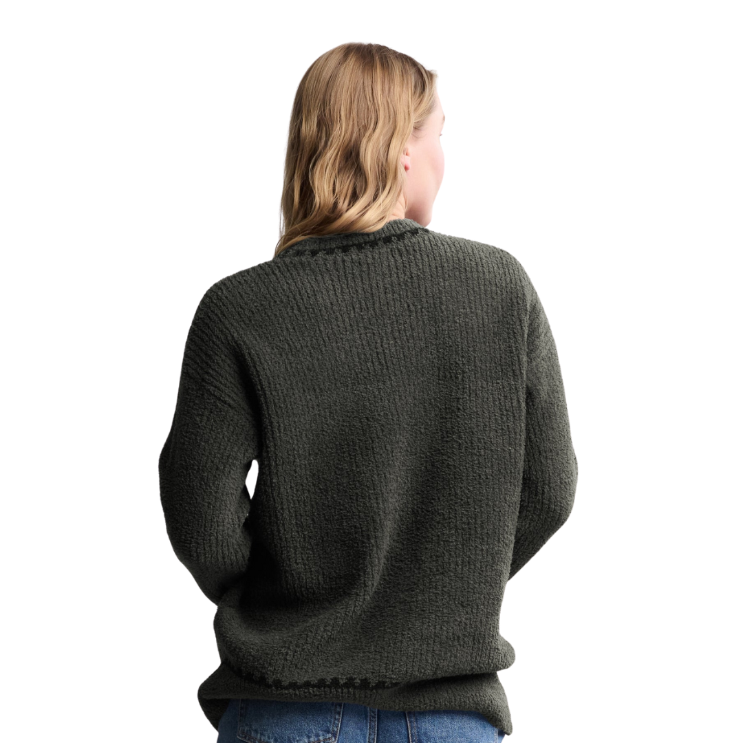 CozyChic® Ribbed Sweater with Blanket Stitch Small- Dark Moss