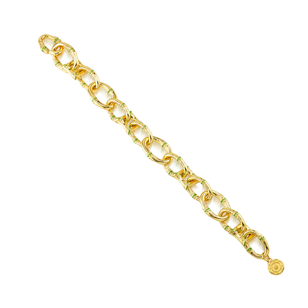 Bangkok Bamboo Link Bracelet, 7.25" - Gold/Green Enamel