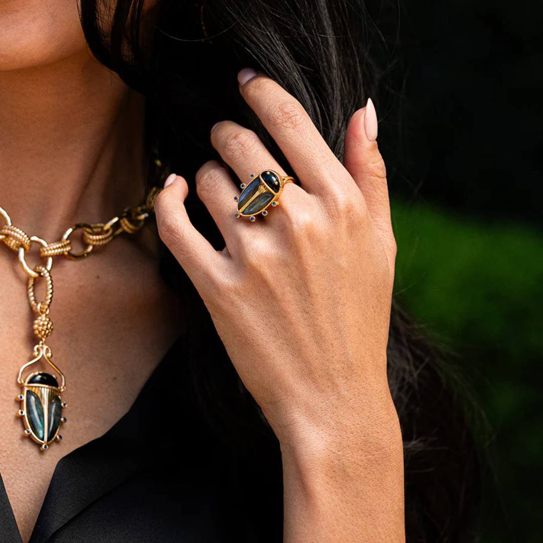 Scarab Ring - Blue Labradorite/Black Agate