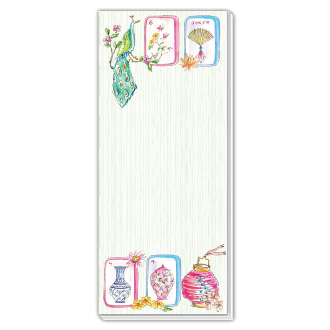 Hand Painted Mahjong Tiles Bird and Lantern Greem Background - Skinny Notepad