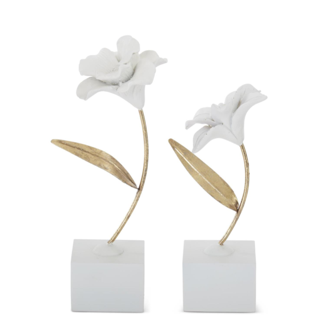 White Resin Gold Metal Stem Flowers on Base