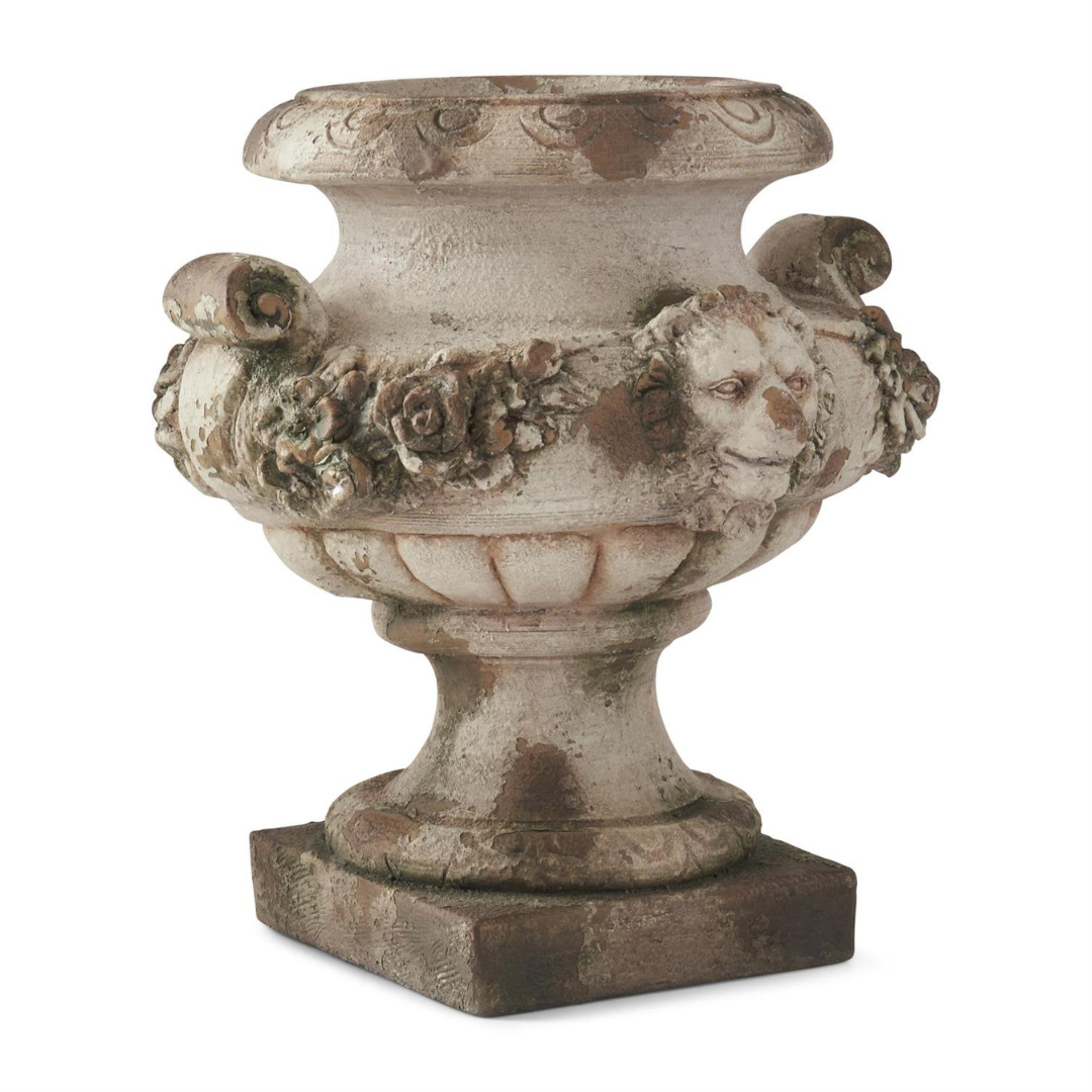 18.5 Inch Weathered Cream & Taupe Lion & Floral Embossed Urn