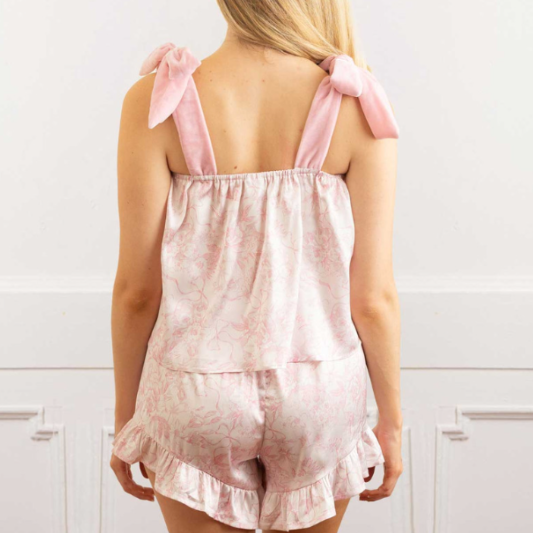 Pink Bow Toile Tie Top PJ & Satin Ruffle Short