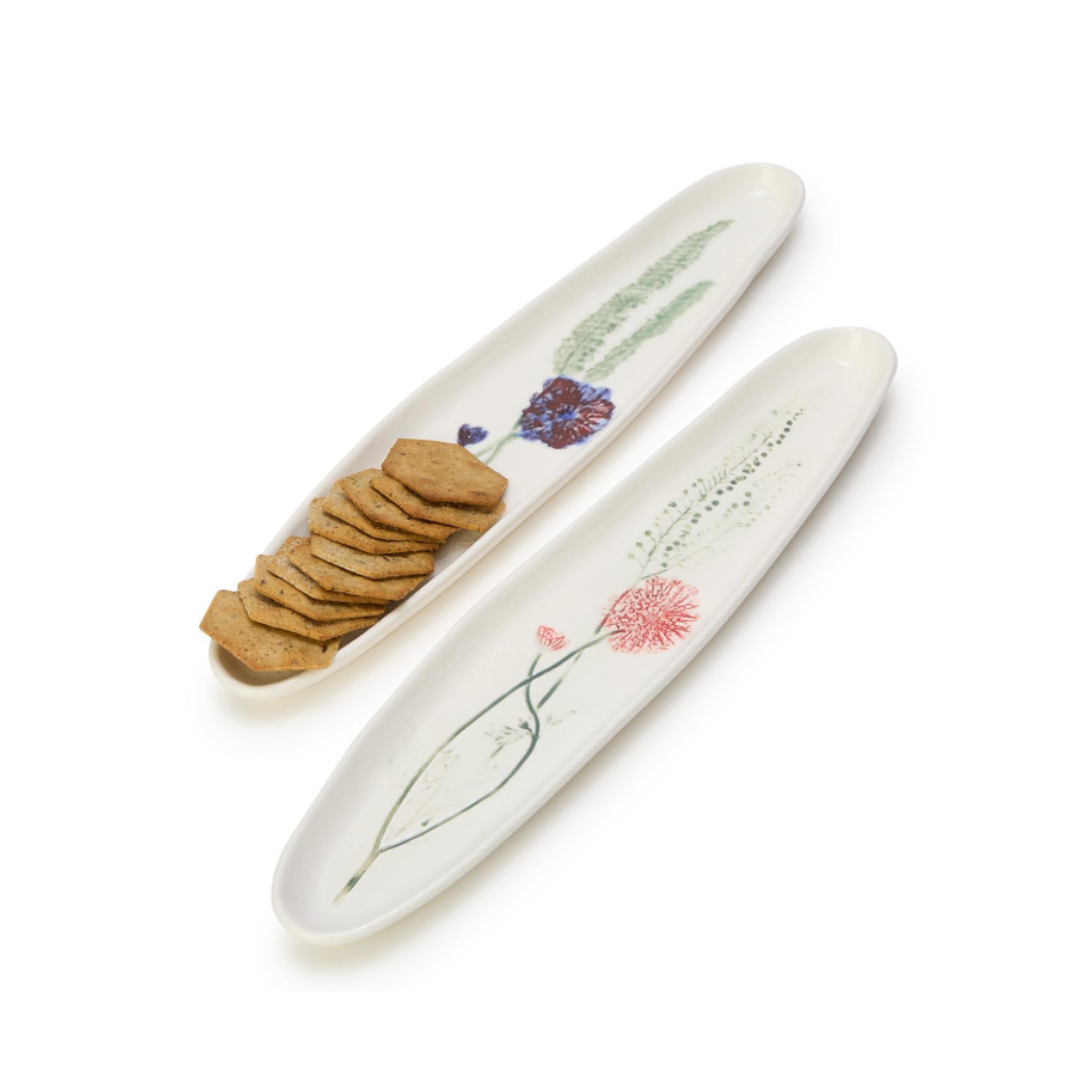 Artisanal Long Tidbit Plate with Imprinted Botanical Design