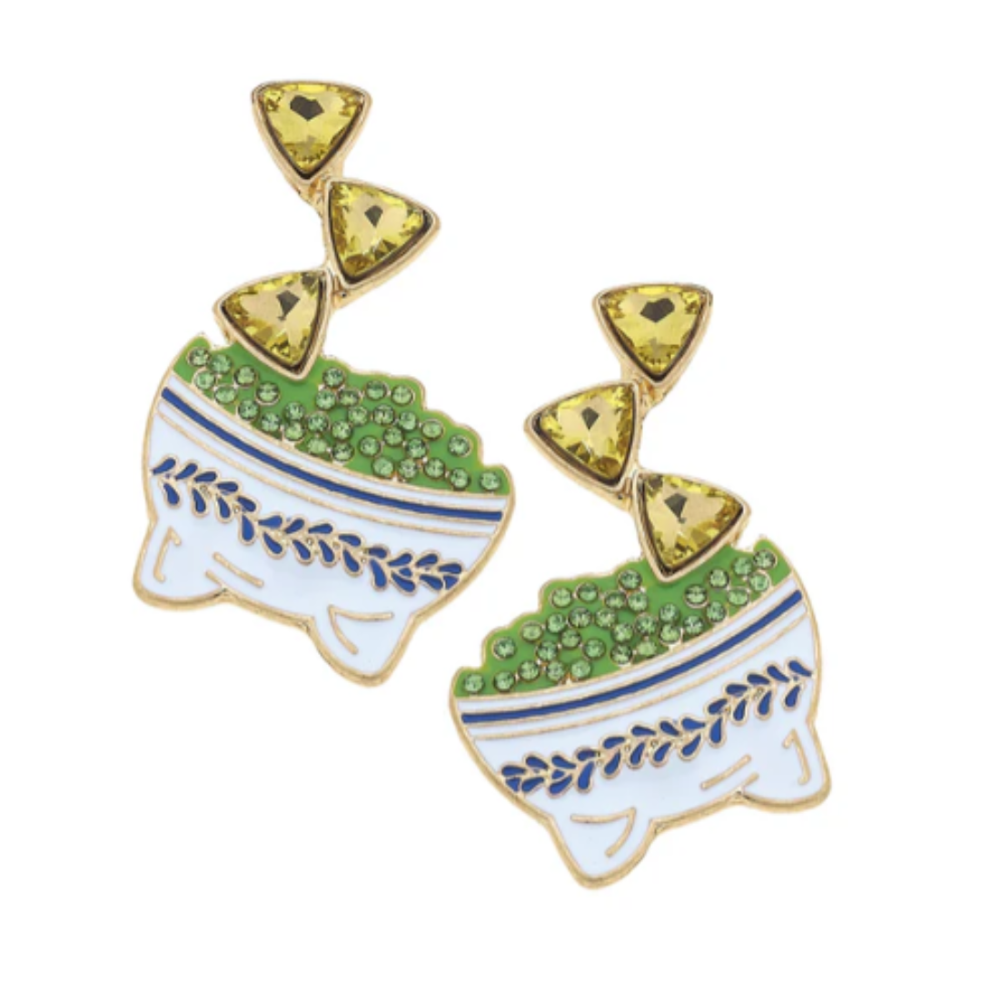 Rhinestone Enamel Chips & Guac Earrings in Green & White