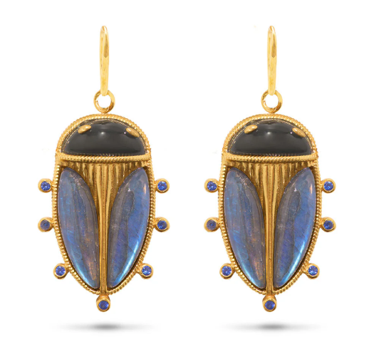 Scarab Drop Earrings - Blue Labradorite / MOP