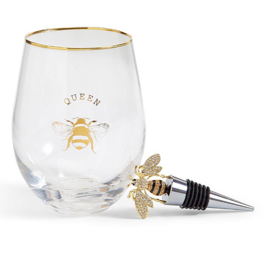 Queen Bee Stemless Wine Glass with Jeweled Bee Wine Stopper