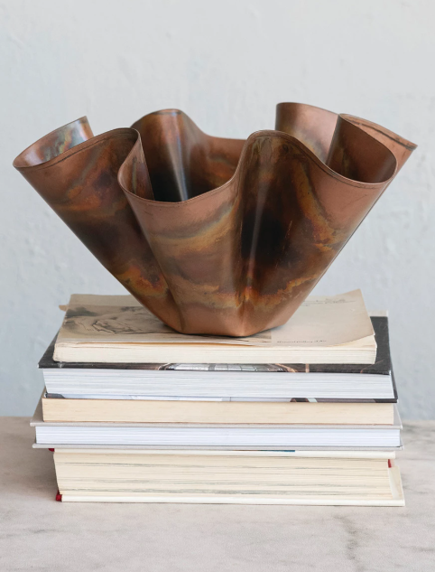 Decorative Metal Ruffled Bowl, Oxidized Copper Finish