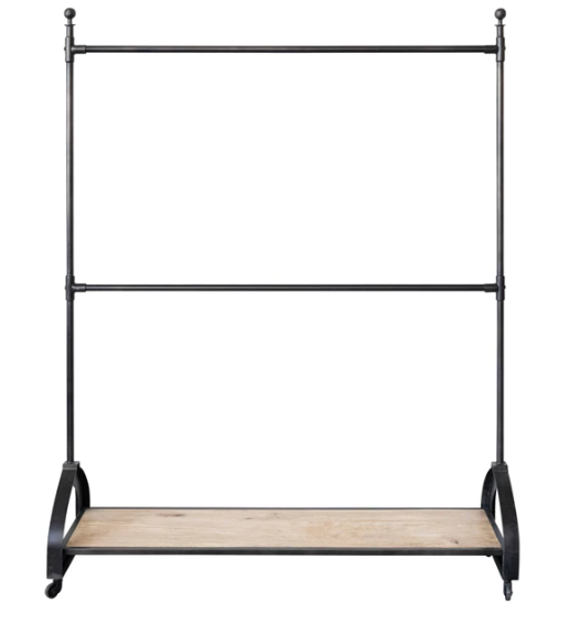 Metal & Mango Wood Rack on Casters w/ 2 Rods & Shelf, KD