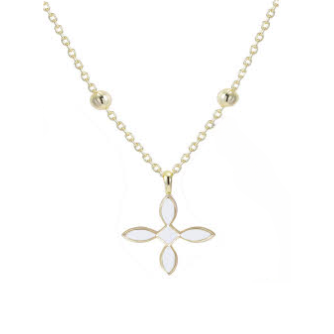 Enamel Cross Drop Necklace - White Enamel/Gold