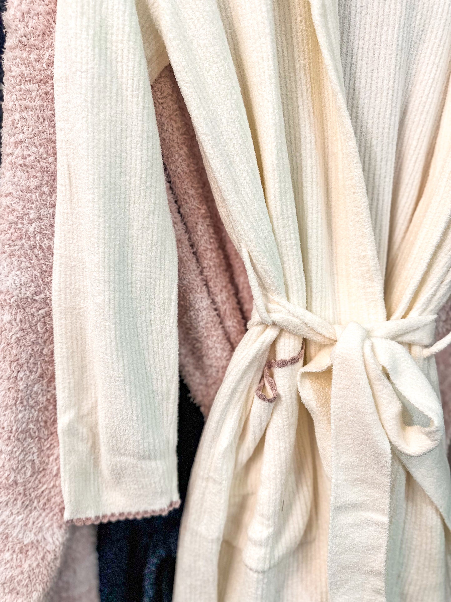 Barefoot Dreams Ivory & Pink Contrast Ribbed Robe