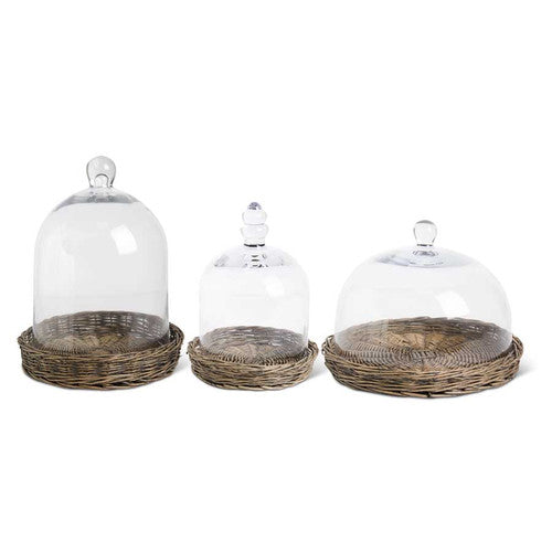 Glass Cloches w/ Woven Wicker Trays