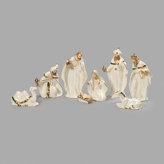 White Nativity 8-piece set with Gold Accents