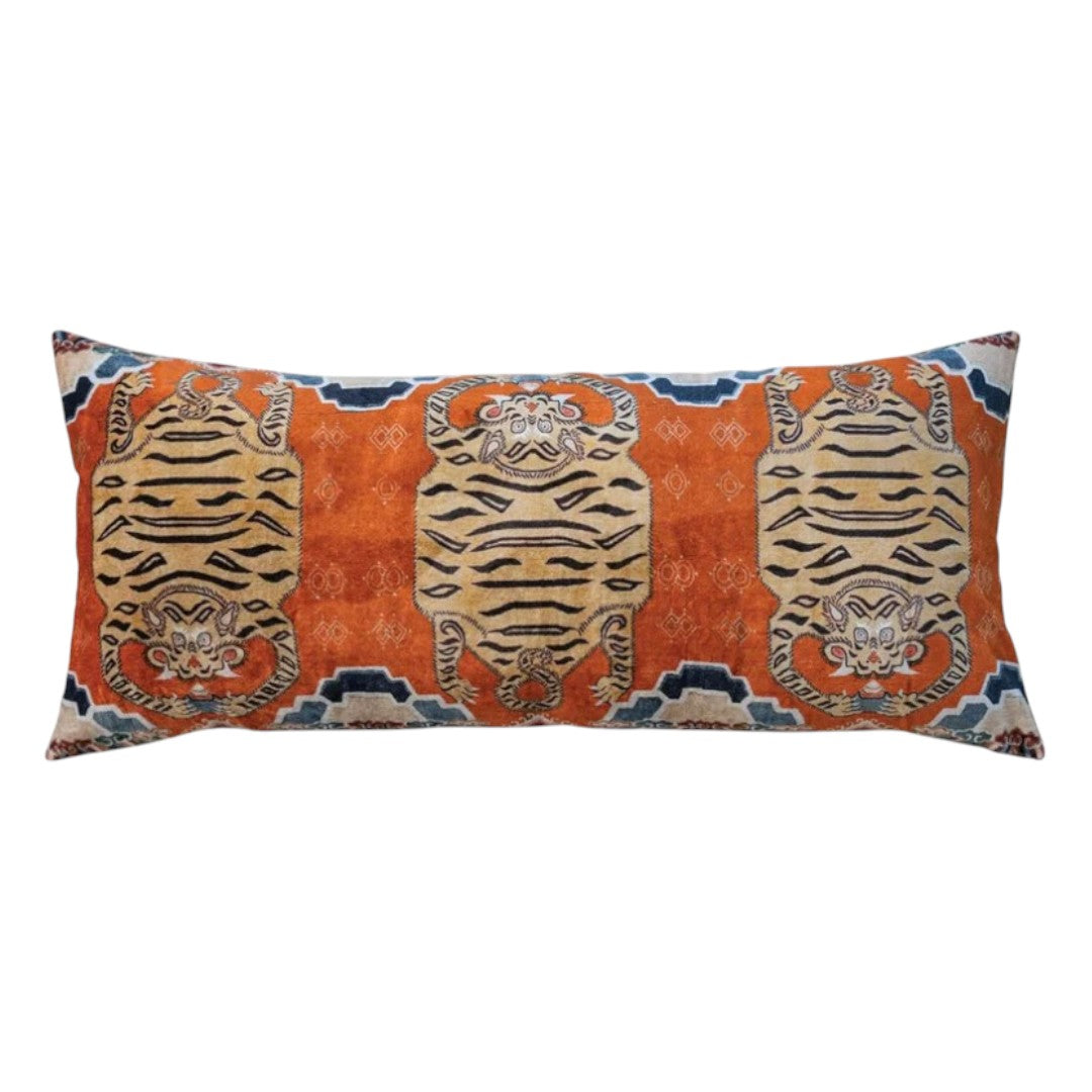 32"L x 14"H Cotton Velvet Printed Tigers Lumbar Pillow