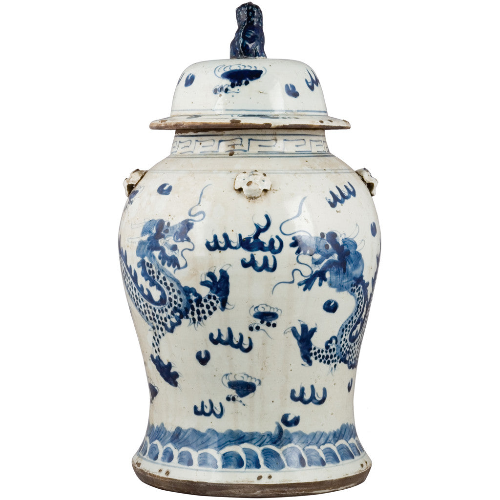 Blue & White Lidded Lion Jar