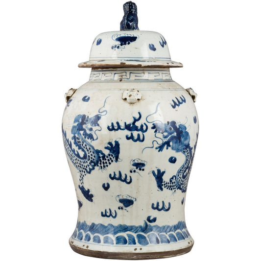 Blue & White Lidded Lion Jar