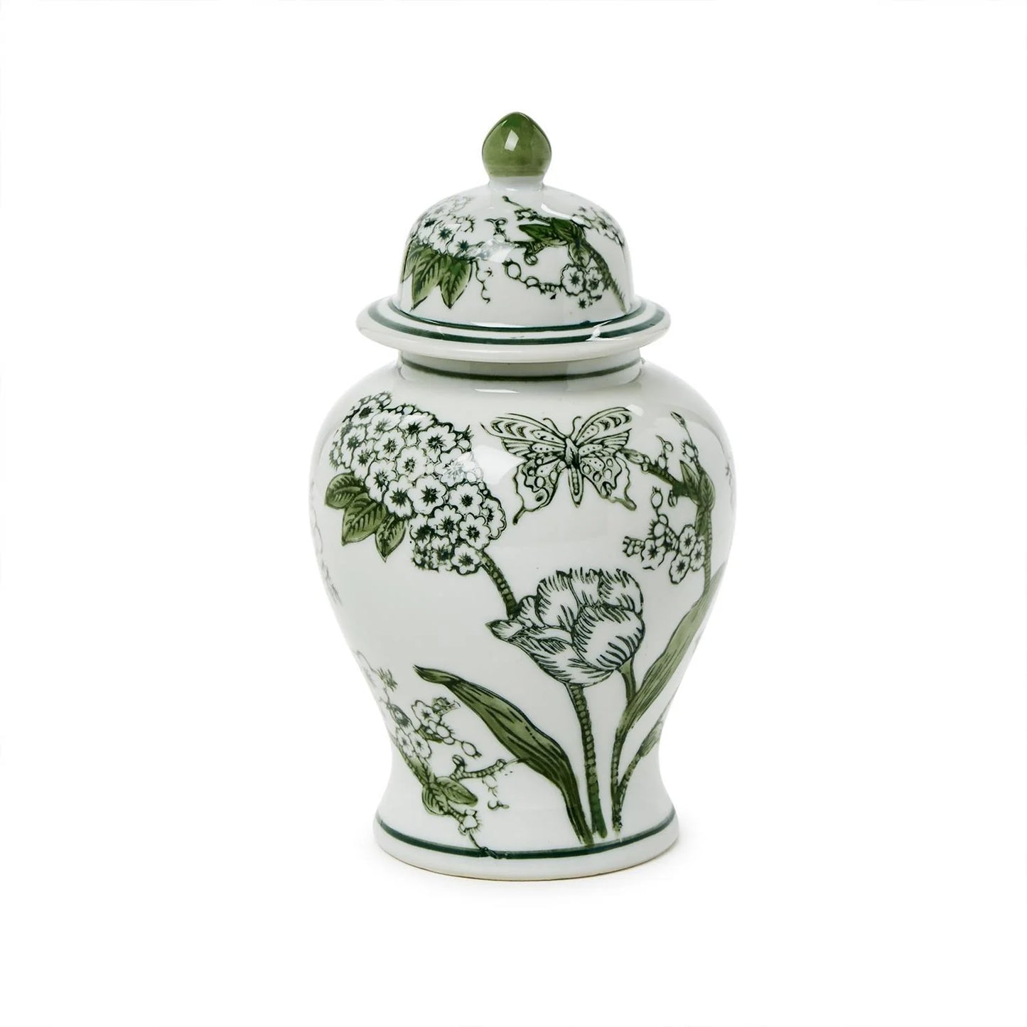 8" Hand-Painted Green and White Chinoiserie Jar with Lid