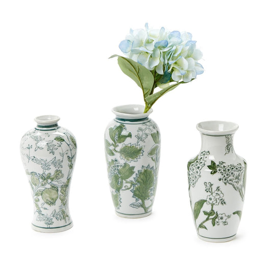 Hand-Painted Green and White Chinoiserie Vases