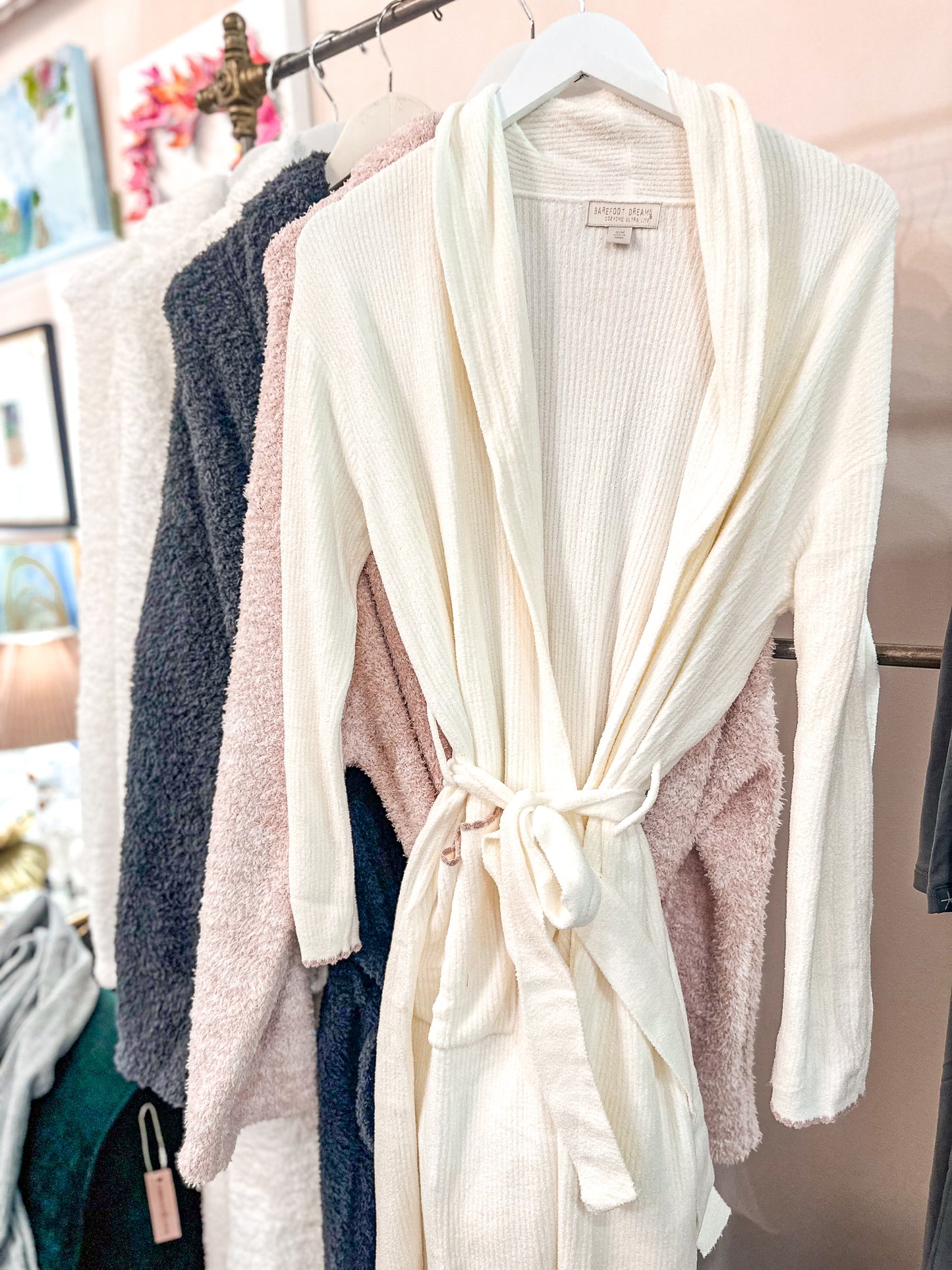 Barefoot Dreams Ivory & Pink Contrast Ribbed Robe