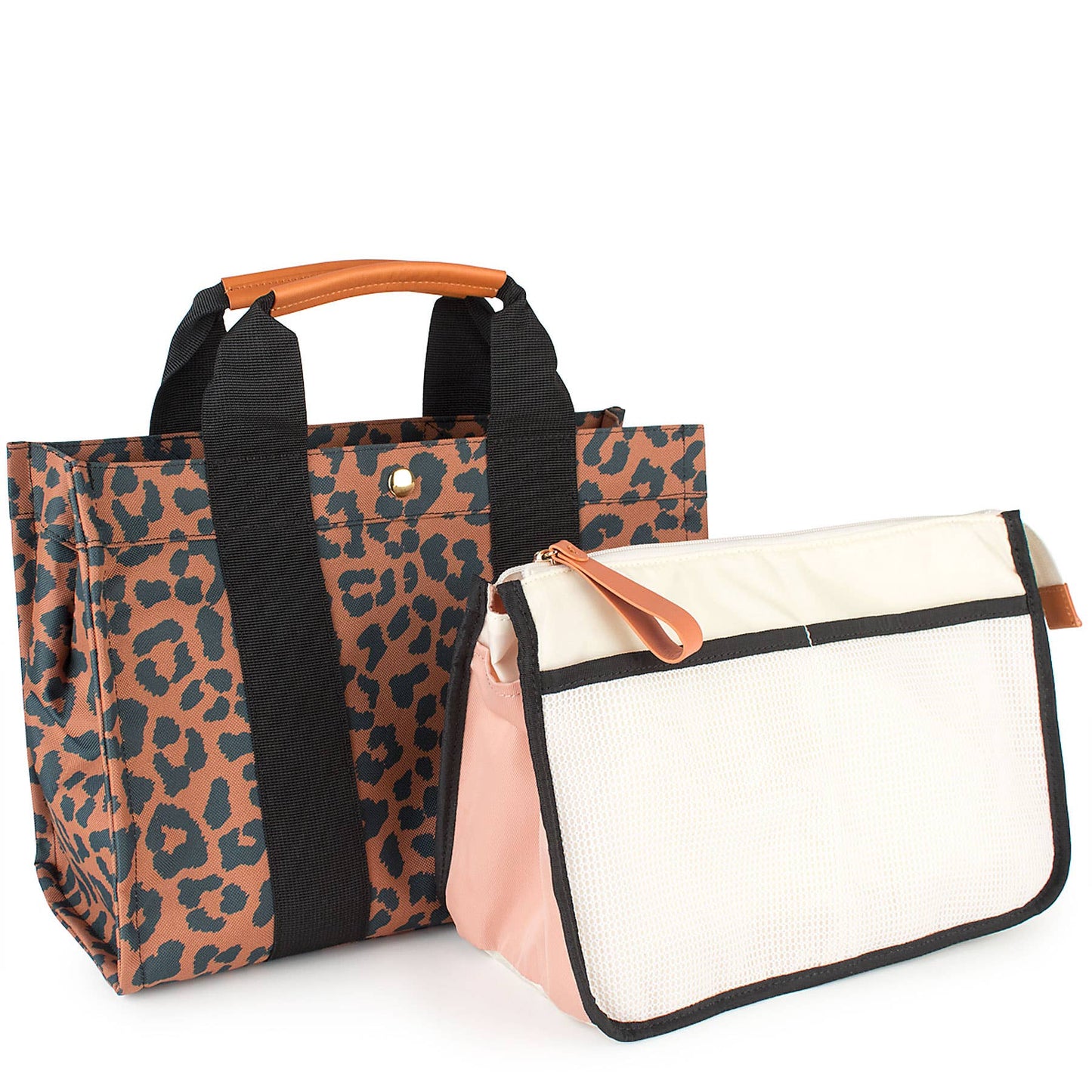 "Kylie" Leopard Nylon Tote with Leather Accents