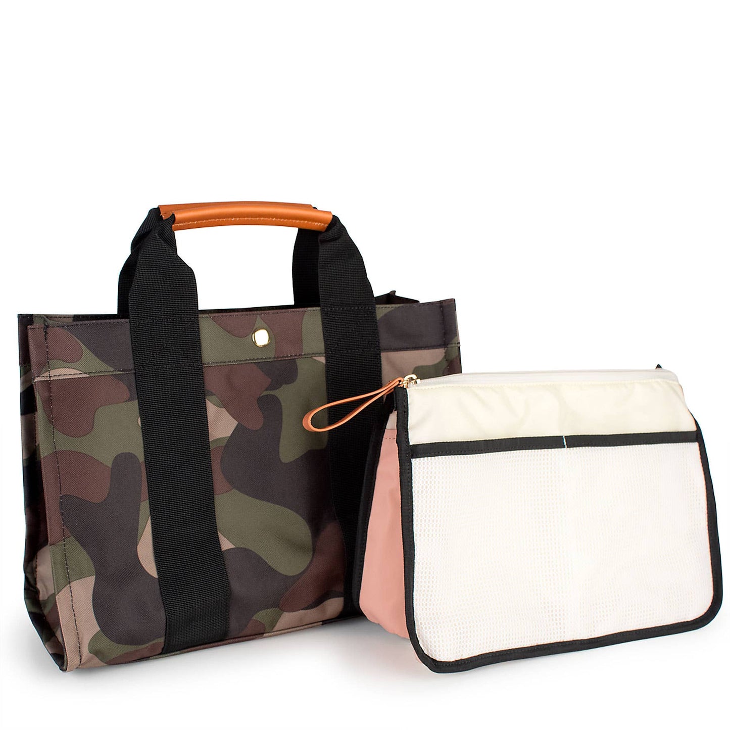 "Kylie" Camo Nylon Tote with Leather Accents