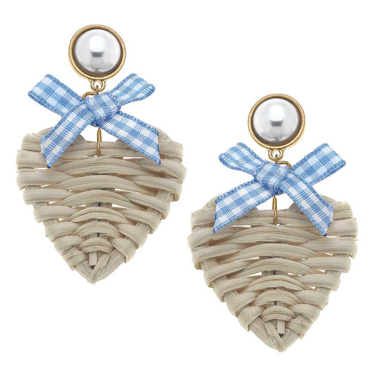 Piper Rattan & Gingham Heart Drop Earrings in Blue