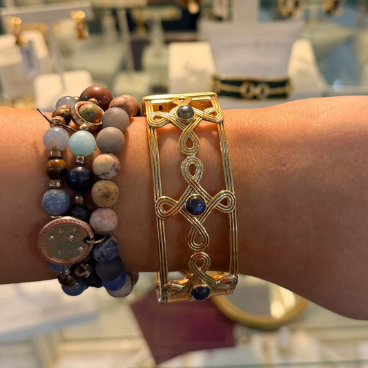 Monique Compass Hinged Bangle - Gold/Blue Labradorite