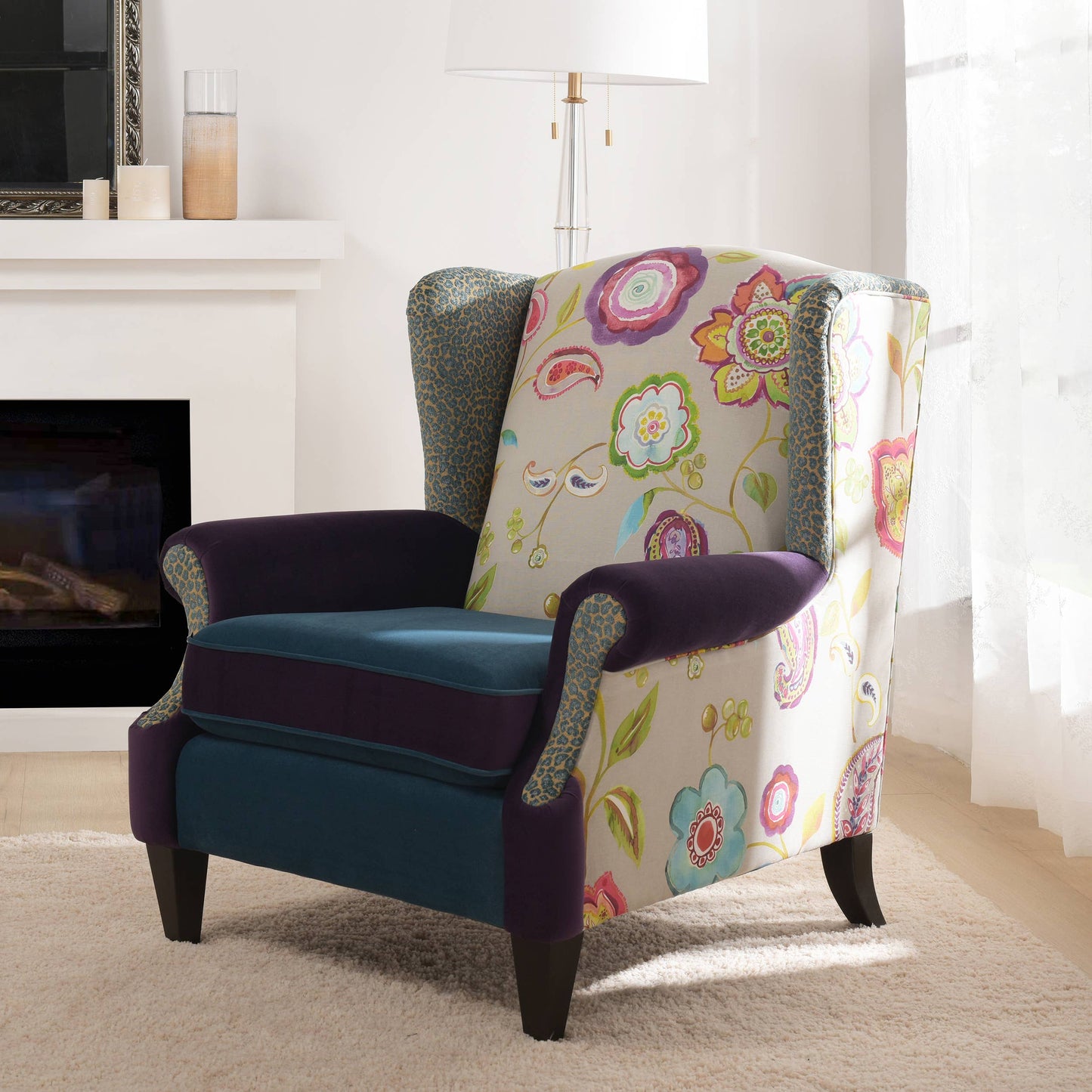 Eclectic Floral Patchwork Boho Wingback Accent Arm Chair