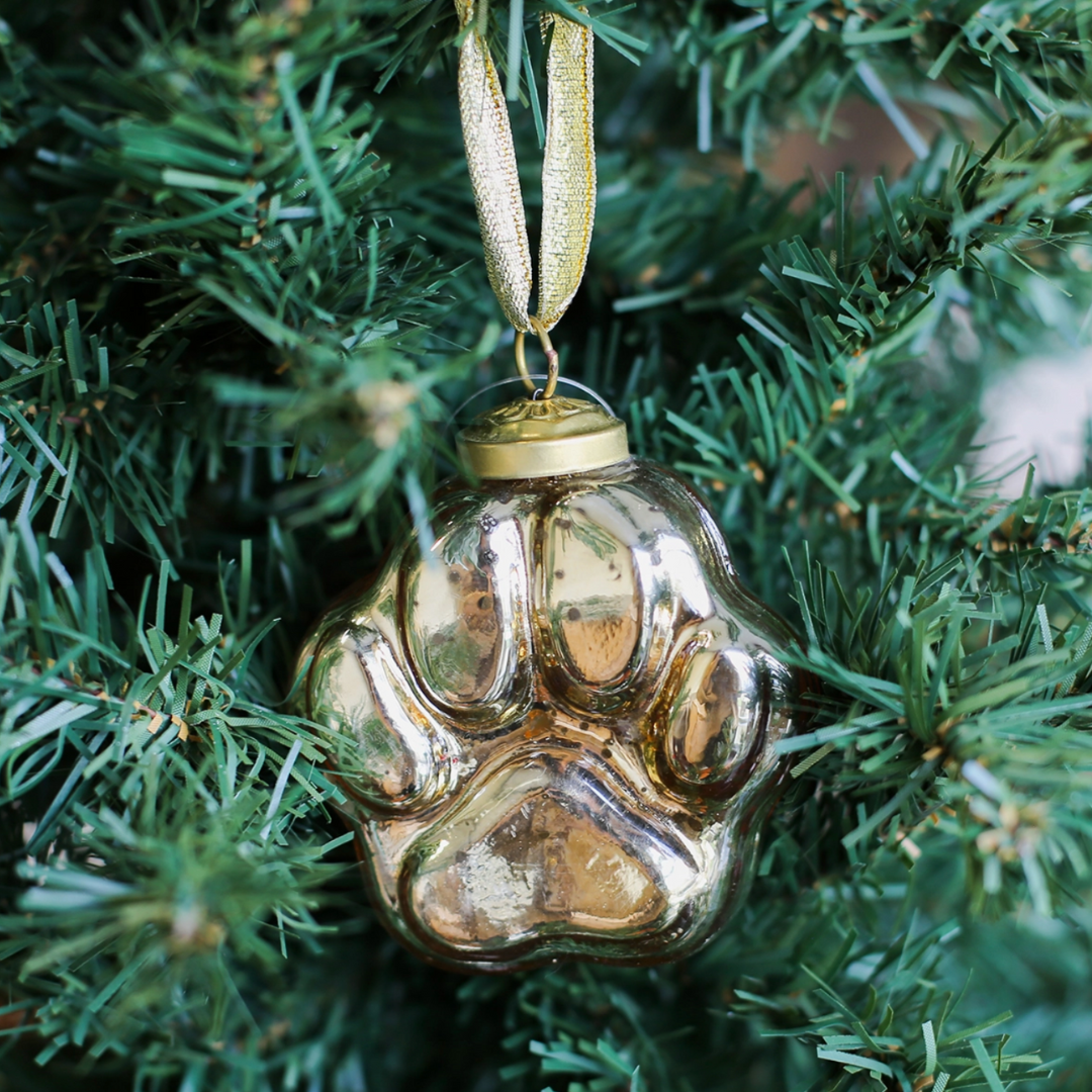 Paw Print Glass Ornament Gold 2.5"