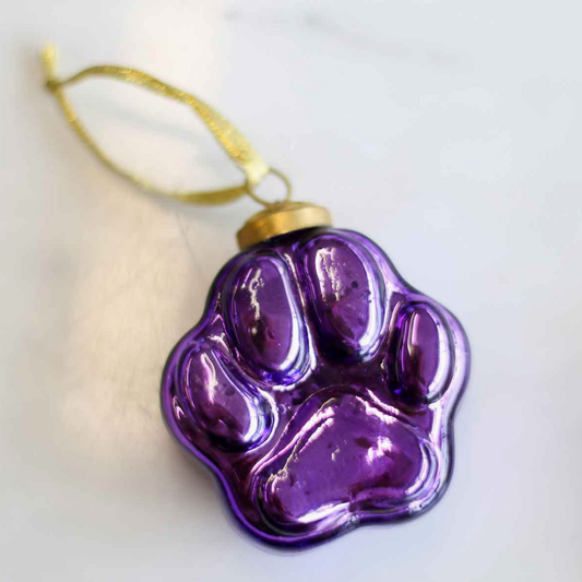 Paw Print Glass Ornament Purple 2.5"