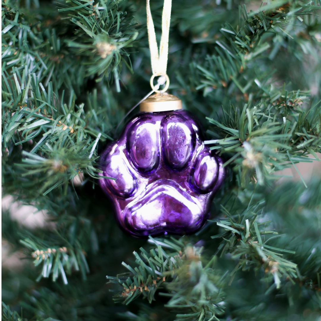 Paw Print Glass Ornament Purple 2.5"