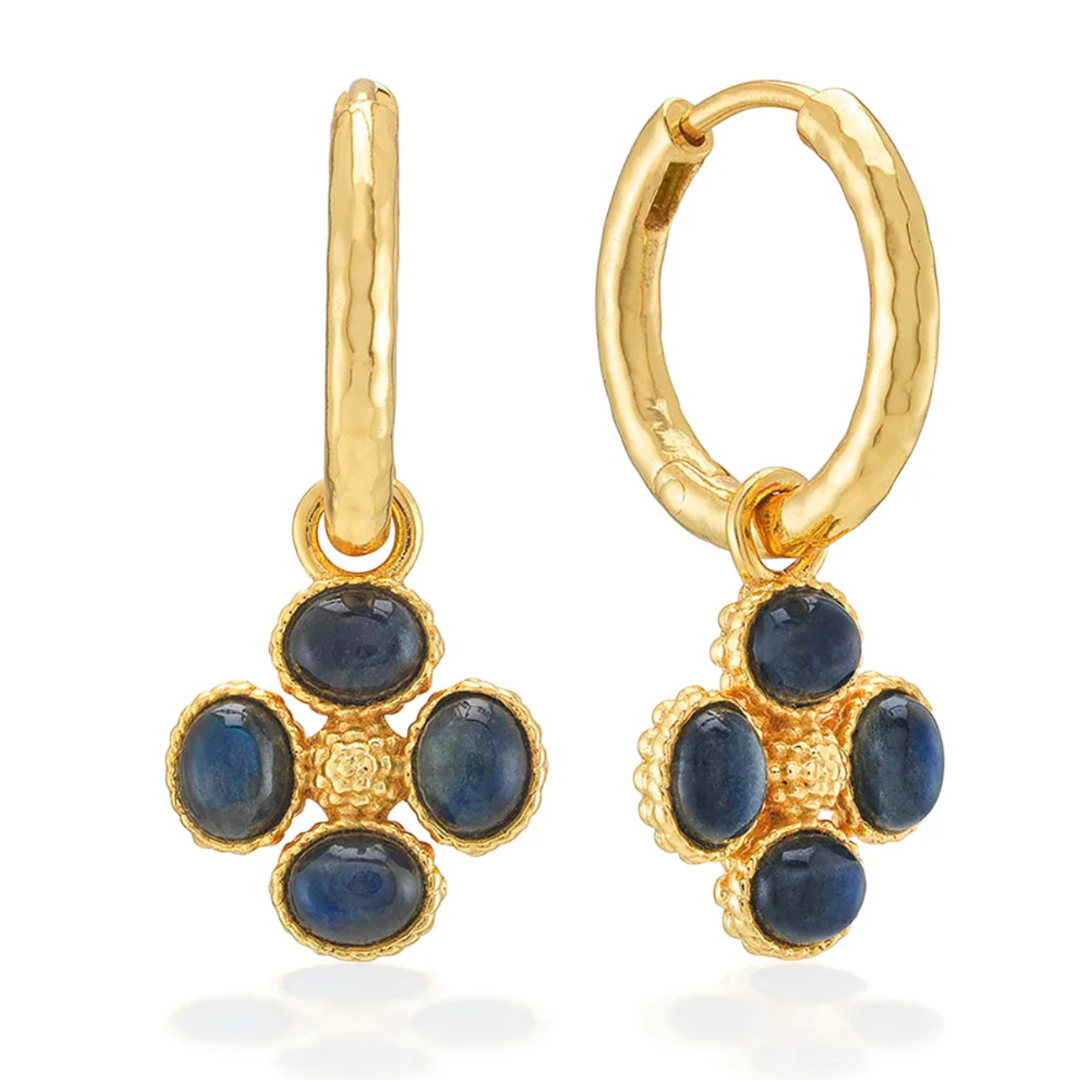 Berry Clover Hoop Earrings with Double Sided Charm- Blue Labradorite