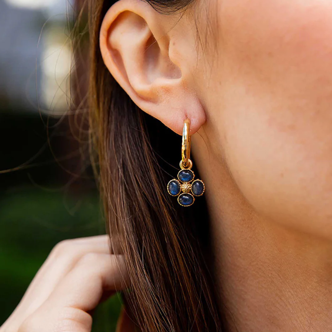Berry Clover Hoop Earrings with Double Sided Charm- Blue Labradorite