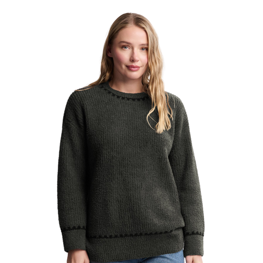 CozyChic® Ribbed Sweater with Blanket Stitch Small- Dark Moss