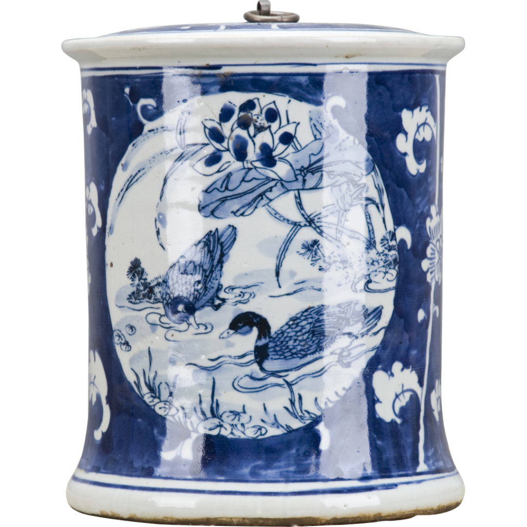 Blue And White Lidded Box Ducks And Lotus