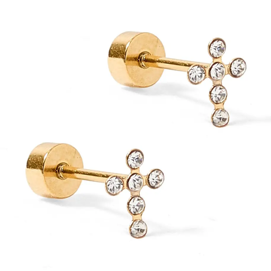 Screwback Stud Earrings - Clara Cross Gold Sparkle