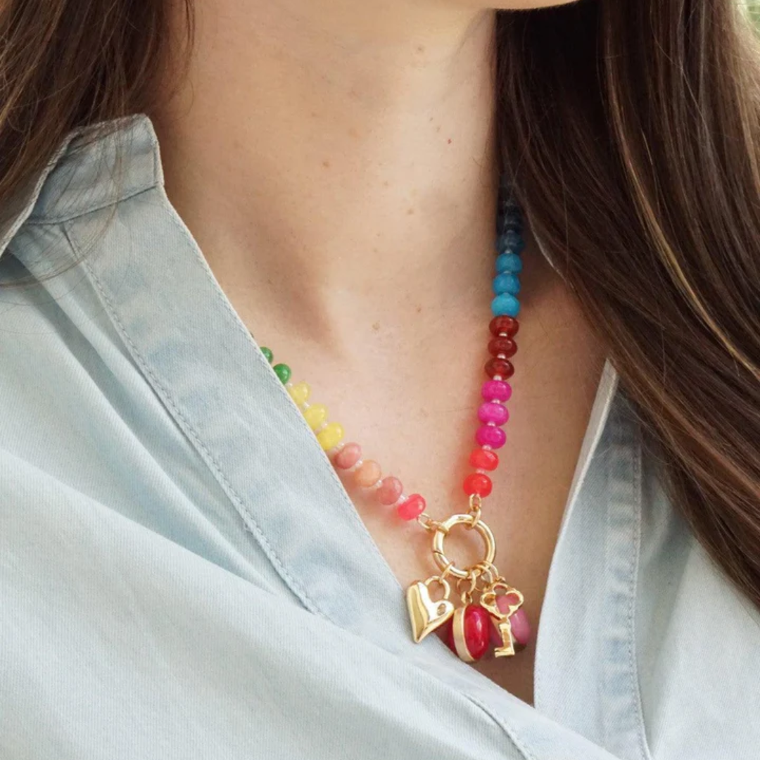 Lucy Gemstone Beaded Charm Necklace in Rainbow Multi