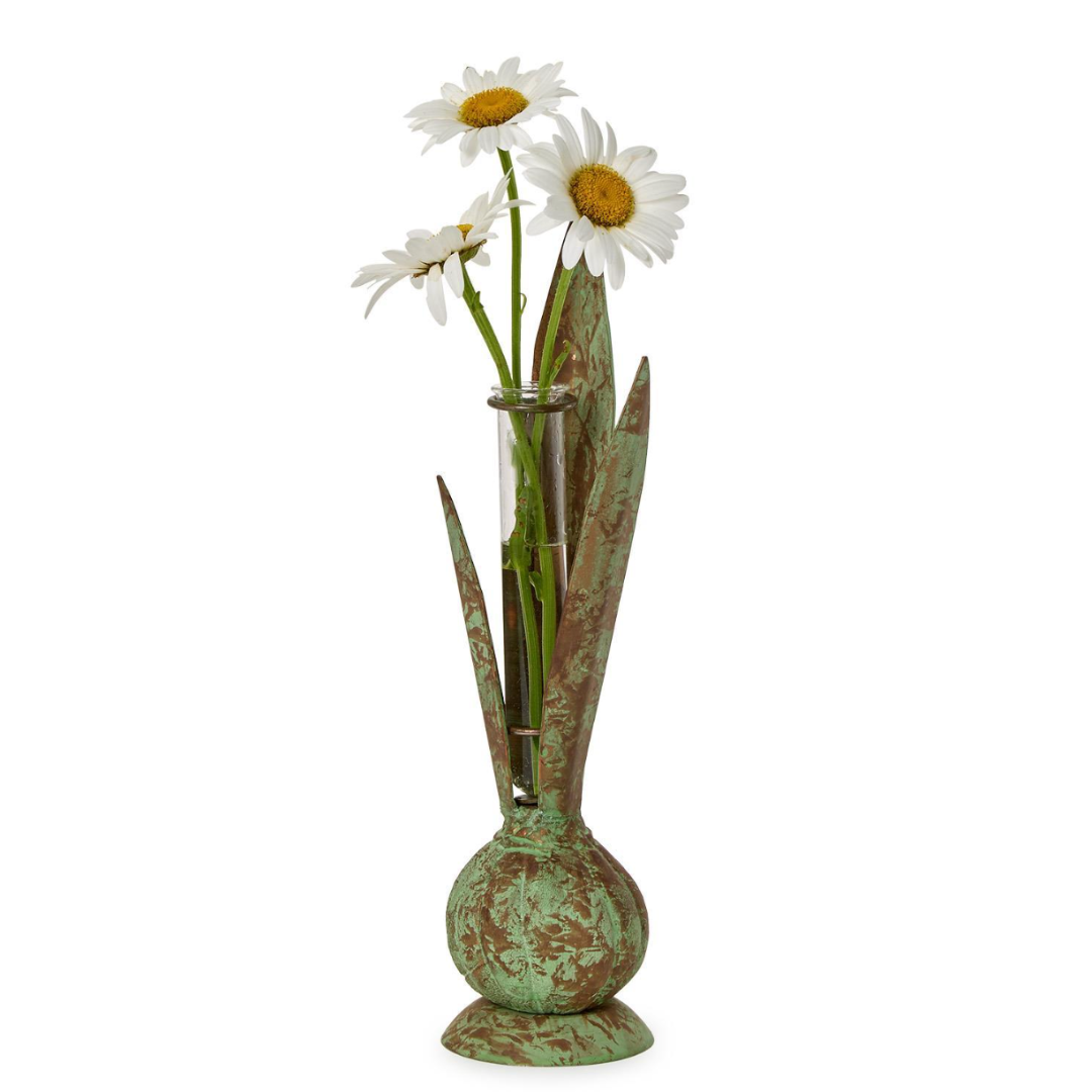 Verdigris Hand-Crafted Bulb and Leaf Vase