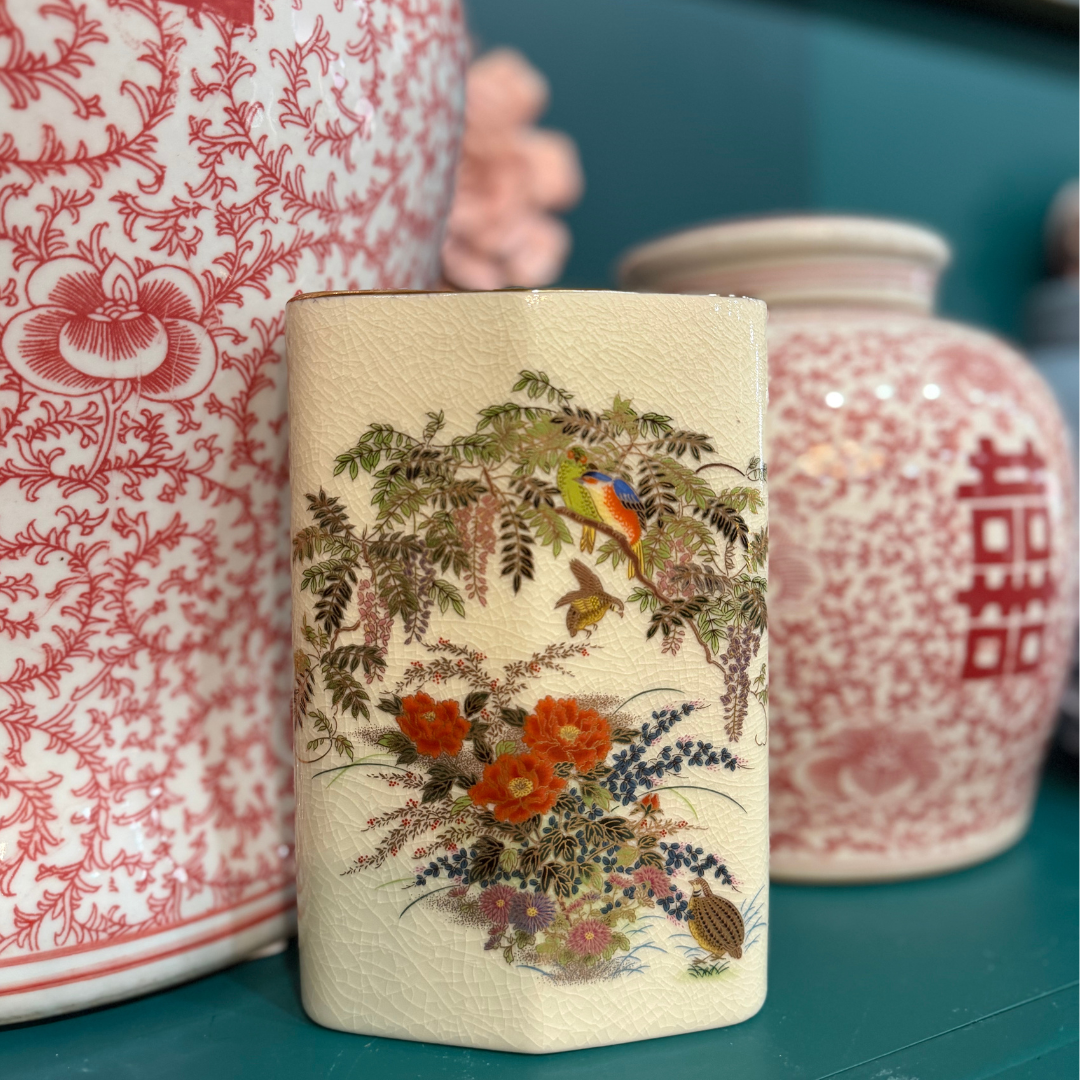 Vintage Japan Made Rectangular Ceramic Vase with Crackle Glaze Birds Circa 197