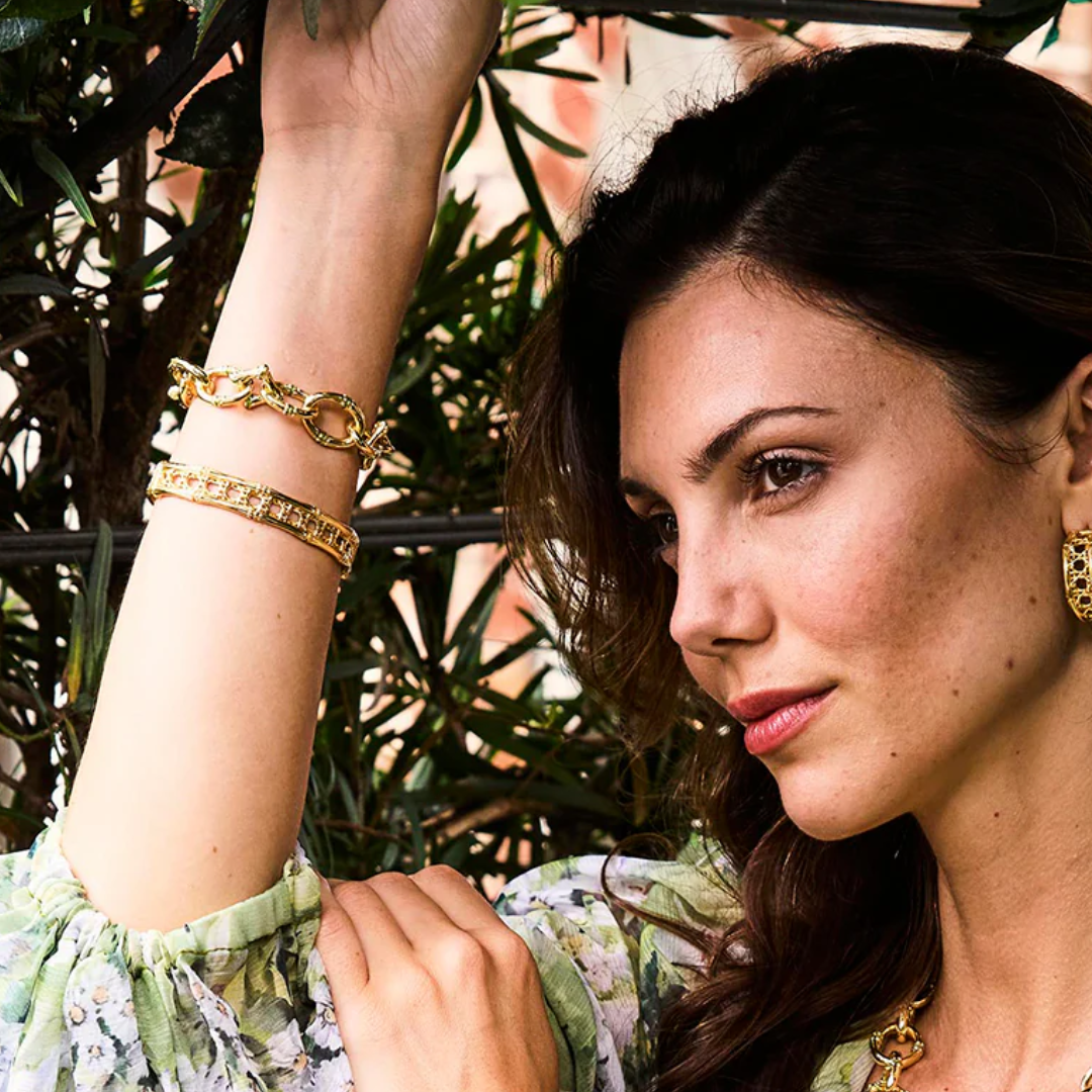 Bangkok Bamboo Link Bracelet, 7.25" - Gold/Green Enamel