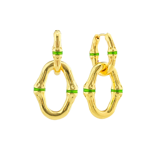 Bangkok Bamboo Link Earrings - Gold/Green Enamel