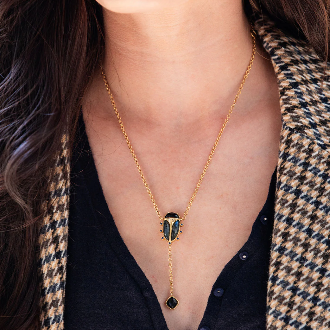 Scarab Lariat Necklace, 18"+2" - Blue Labradorite/Black Agate