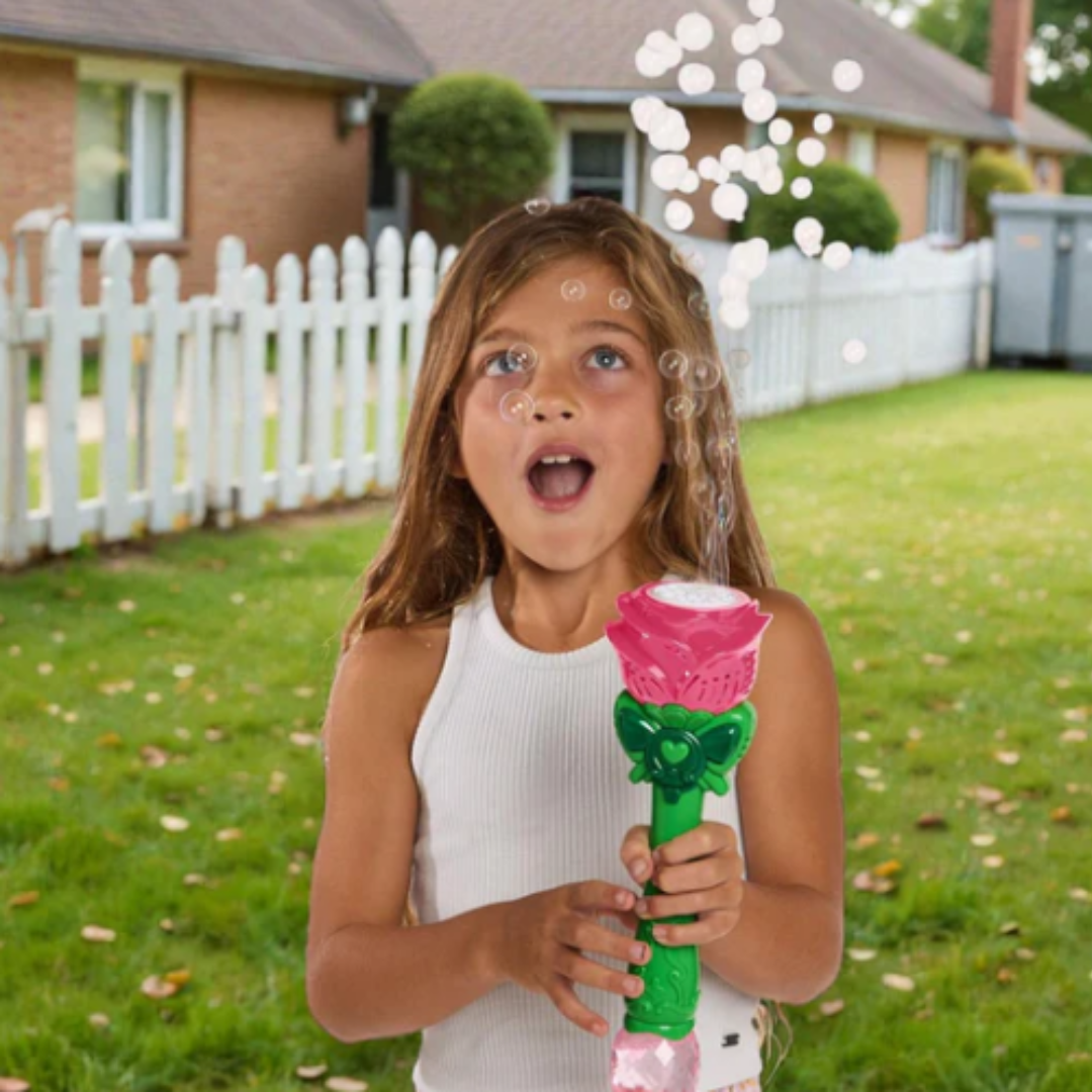 Pink Rose LED Illuminating Bubble Wand Blower with Refillable Bottle and Solution