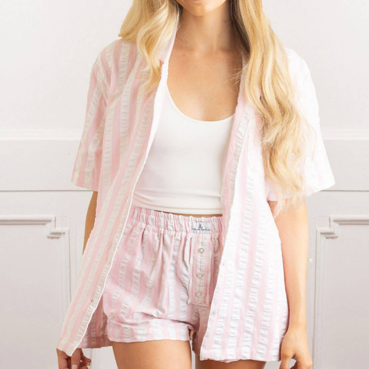 Pink Textured Strip Boxer PJ Set