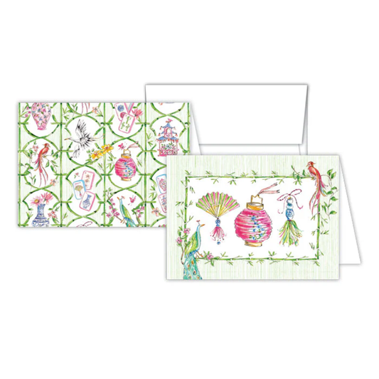 Hand Painted Mahjong Icons Green Bamboo Trellis - Petite Note Combo Notepad